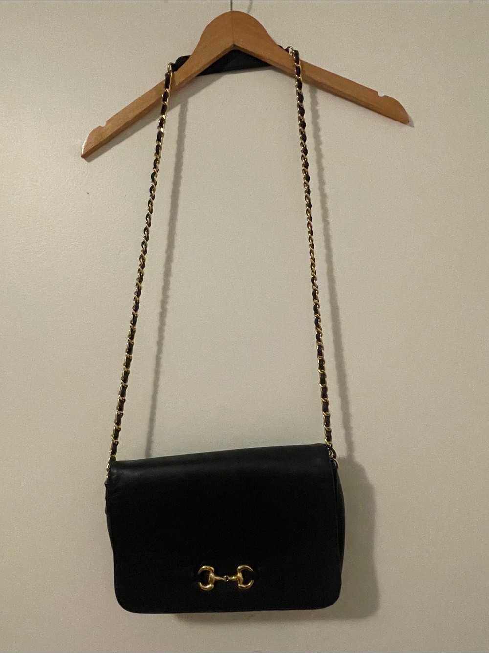 Vintage black leather horsebit chain strap purse